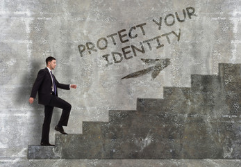 Business, technology, internet and networking concept. A young entrepreneur goes up the career ladder: Protect your identity