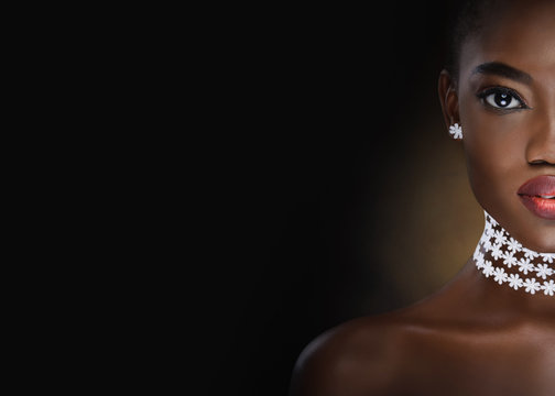 Vogue style close-up portrait of beautiful black woman