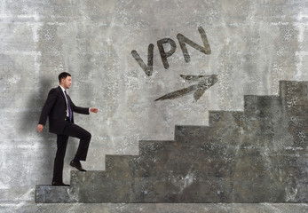 Business, technology, internet and networking concept. A young entrepreneur goes up the career ladder: VPN