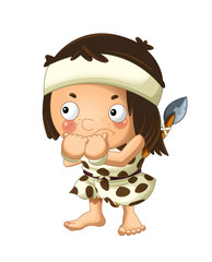cartoon scene with happy caveman barbarian warrior with spear on white background illustration for children