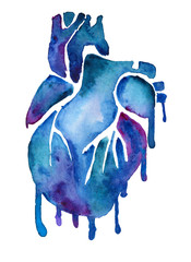 Blue watercolor heart with colorful paint smudges