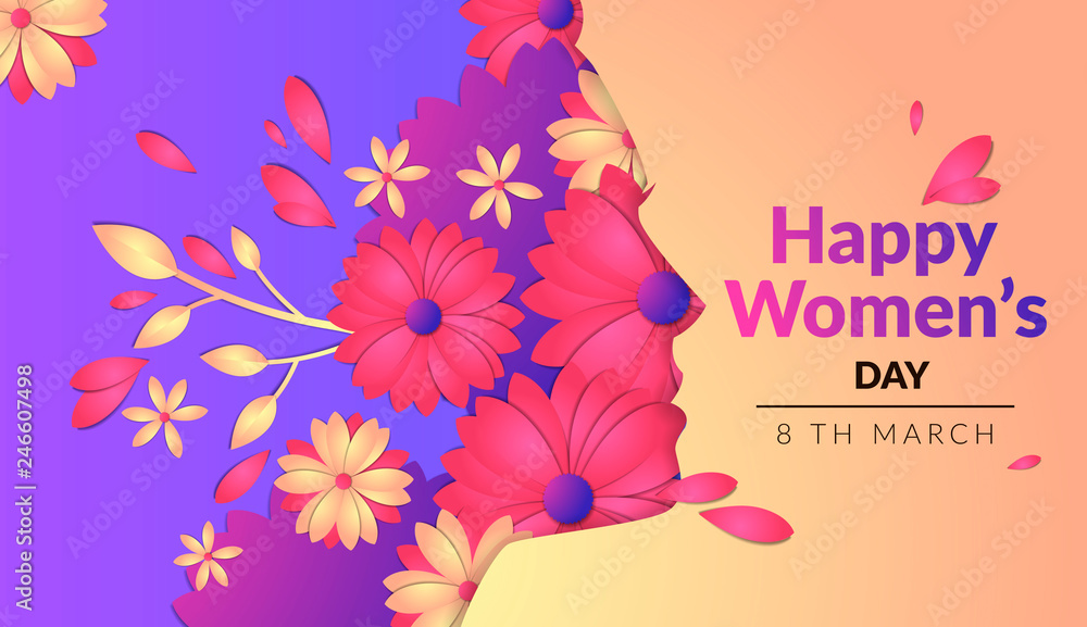Aufkleber vector image of a horizontal banner, flowers with cut out of paper effect, several layers of objects