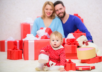 Obraz na płótnie Canvas Perfect celebration. Valentines day. Red boxes. Love and trust in family. Bearded man and woman with little girl. father, mother and doughter child. Shopping online. Happy family with present box