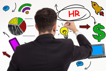 Business, technology, internet and networking concept. Young entrepreneur showing keyword: HR