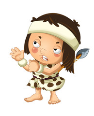 cartoon scene with happy caveman barbarian warrior with spear on white background illustration for children