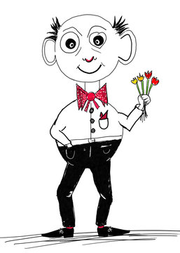 verliebter mann, blumen, Valentinstag, fliege, comic