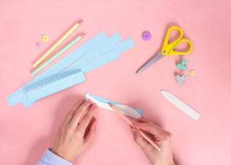 Scrapbooking master class. Diy. Make a Valentines day card whith paper hearts. Women's hobby. Craft...