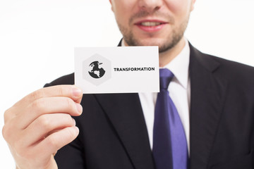 Business, technology, internet and networking concept. Young entrepreneur showing keyword:...