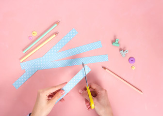 Scrapbooking master class. Diy. Make a Valentines day card whith paper hearts. Women's hobby. Craft...