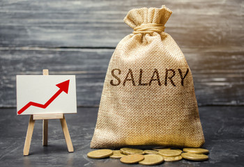 Bag with money and word Salary and up arrow and coins. Increase of salary, wage rates. Promotion....
