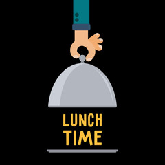 Restaurant cloche in hand lunch time. Empty blank food serving tray plate and elegant waiter hand. Flat vector illustration.