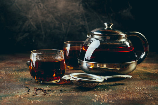 Transparent Glass Teapot Black Tea And Glass Cups