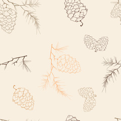 Fir-tree branch with a cone seamless pattern. Vector illustration of a pine cone on a pine branch. Fir-tree branch with a cone hand drawn.