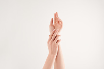 Partial view of well-cared female hands on white background