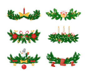 Pine branches with candle and socks, baubles toys vector. Bows and ribbons, snowman winter character with carrot nose, decorations of spruce tree