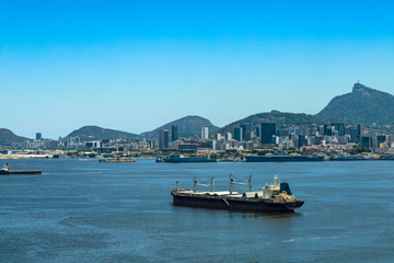Cargo ship arrives at Guanabara Bay in the city of Rio de Janeiro, Brazil South America. 