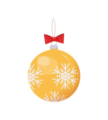 Gold ball with print of snowflakes and thread for hanging with red bow. Colorful Christmas toy, element for decoration isolated on white vector icon