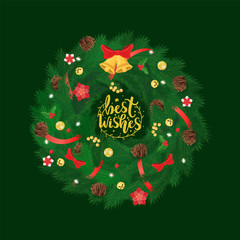Best wishes pine tree vector, wreath decorated with bells and bows. Cone with star toys decoration, decorative elements spruce, coniferous branches