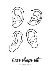 A set of hand drawn illustration of human ear, watercolors, isolated on white background. Ears shape difference concept.