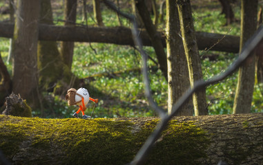 Funny Easter egg with backpack on a trekking day