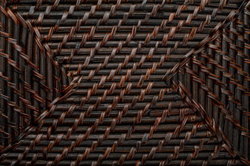 Natural texture of braided wicker of dark color. Horizontal and vertical lines. Ocher, brown and black tones.