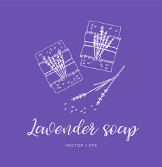 Hand drawn vector illustration of the homemade lavender soap, line sketch.