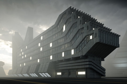Modernes Hochhaus in futuristischer Großstadt