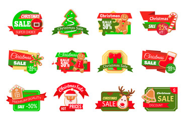 Christmas sale offers for market shopping isolated icons set vector. Santa Claus and reindeer winter character, pine tree and bells, gingerbread cookies