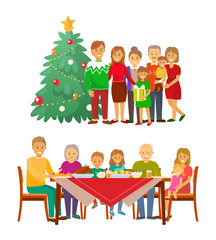 Fototapeta premium Christmas holiday celebration family by fir tree vector. Mother and father with children, grandfather and grandmother, evergreen pine decorated with ball