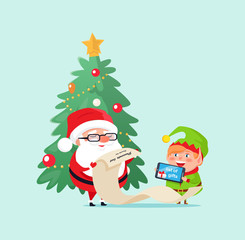 Merry Christmas elf helper with Santa Claus checking list with presents vector. Pine evergreen tree decorated with baubles and star on top garlands