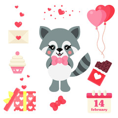 cartoon cute raccoon with tie and valentines day element