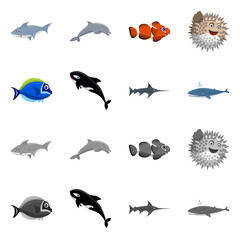 Vector illustration of sea and animal sign. Set of sea and marine vector icon for stock.