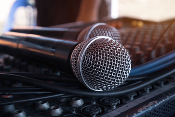 microphone on recording studio prepare fot speech in seminar room or speaking conference hall light...