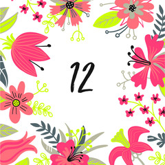 Modern style wedding table number card with flower frame background, hand drawn floral elements label. Vector design template, isolated. Welcome card in trendy and fashion bright colours