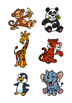 exotic animals set, tiger, penguin, panda, elephant, monkey, giraffe color clipart