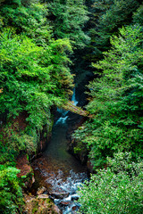Wooden bridge over a mountain river. Eastern Abkhazia. Near the town of Tkvarcheli. The Kambarka District.
