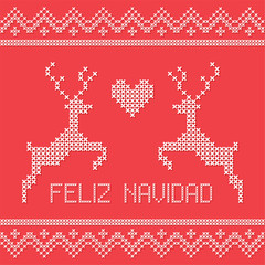 Christmas embroidery cross-stitch with deers and heart. Merry Christmas  written in Spanish. Greeting card, napkin, poster, banner...