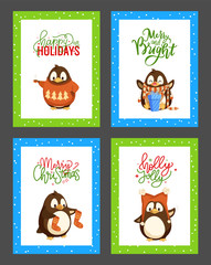 Merry Christmas holly jolly penguin posters set with greeting text vector. Animal with present, gift with bow and ribbons, socks and knitted sweater