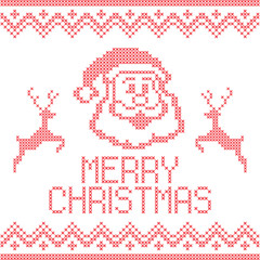 Christmas embroidery cross-stitch with deers and Santa Claus happy face. Merry Christmas greeting card, napkin, poster, banner... - obrazy, fototapety, plakaty