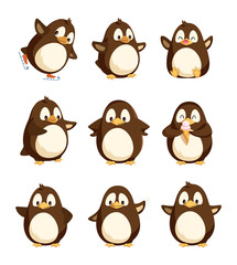 Penguin animal with wings and smooth feathers bird with beak vector. Set of happy winter character with good mood, cartoon from antarctic area seabirds