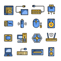 computer hardware color line icon set