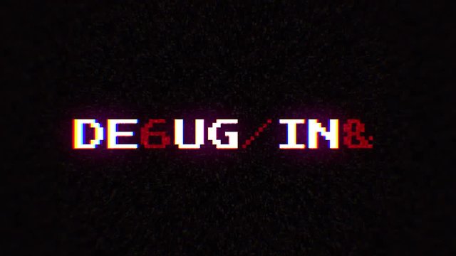 Intentional digital artifact injection fx animation, decoding a noisy scambled 8-bit text: debugging.