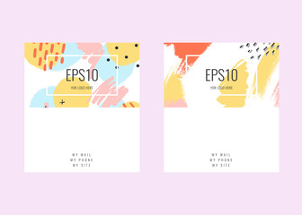 Creative doodle art business cards with shapes and textures. Pastel color illustration. memphis style namecard.