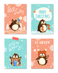 Merry Christmas holly jolly penguin in winter vector. Skating bird wearing hat and knitted scarf, socks. Present with decorated bows ribbons holiday