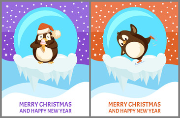 Set of snow-globe with penguin. Standing animal with ice-cream in Santa hat and funny skating vector. Greeting card with Merry Christmas and Happy New Year