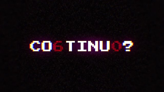 Intentional digital artifact injection fx animation, decoding a noisy scambled 8-bit text: continue?