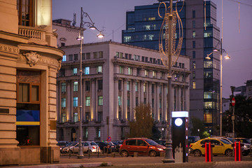 Busy traffic in city centre at rush hour 