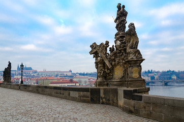 Fototapeta na wymiar Sculptural compositions of Charles Bridge, Prague, Czech Republic. Madonna and St. Bernard