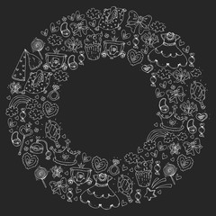 Princess birthday party for little girls. Kindergarten, school children picture. Illustration for children with castle, fairy, dress, crown.