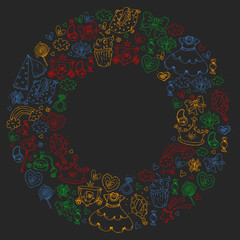 Princess birthday party for little girls. Kindergarten, school children picture. Illustration for children with castle, fairy, dress, crown.